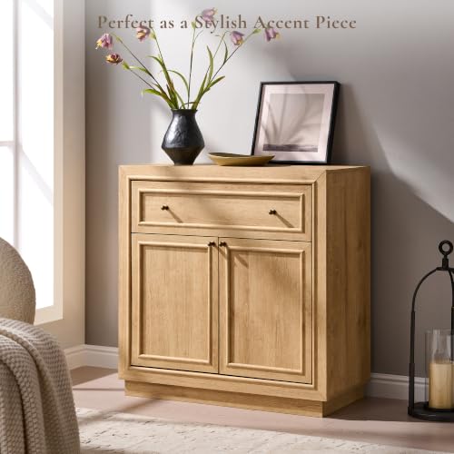 ACCOHOHO Modern Farmhouse Buffet Cabinet, 31.5" Sideboard Credenza, Modular Storage Cabinet with Framed Panel Fronts, Adjustable Shelves & Dual Base Design, Natural Oak - color: Natural Oak, size: 1 Piece