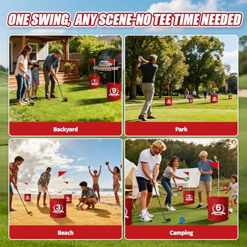 Deluxe Backyard Golf Game, 9 Hole Portable Golf Yard Game Set with Clubs Buckets Balls, Outdoor Golf Course Chipping Practice for Lawn, Park, Beach, Camping - Fun Golf Bundle Gift for Adults & Family