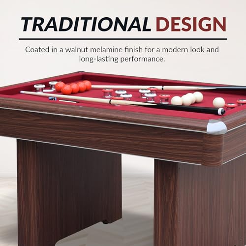 Hathaway Renegade II 54-in Bumper Pool Table for Game Room – 3 in 1 Game Table with Reversible Top & Ball Return System – Includes Cues, Balls, Chalk, Brush & Cards – Red Felt with Walnut Finish