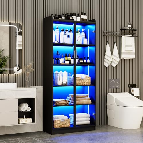 Dystler Display Cabinet with Doors and Adjustable Shelves, 65" Tall Bookcase with LED Lights/Human Sensor, 5 Tier Display Case for Collectibles Bedroom Living Room Office, Black - color: Black