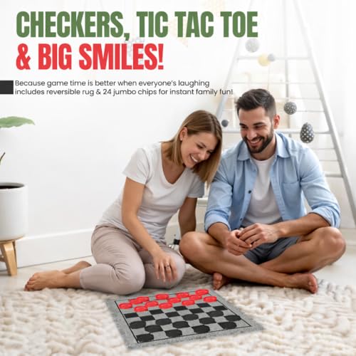 Bolaball 3-in-1 Jumbo Checkers & Tic Tac Toe Game Set with Carry Bag – Giant Outdoor Board Games, Family Games, Reversible 13" x 13" Board, 24 Easy-Grip Chips - style: Large Checker