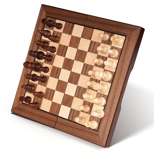 2 in 1 Magnetic Wooden Chess and Checkers Board Game Set, 12" Folding Chess Boards, Portable Travel Chess Sets with Pieces Storage Slots, Beginner Chess Game Set for Kids and Adults