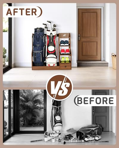 Mythinglogic Wooden Golf Bag Storage Rack, Golf Organizer with Shoe Shelves, Ball Holder & Drawer, MDF Golf Equipment Storage Cabinet for Home, Garage or Simulator Room - size: 2 golf bag rack-Brown