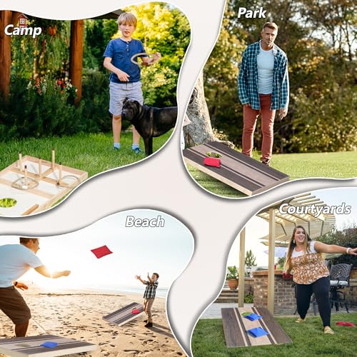 Cornhole Board Set with Ring Toss Game, Soild Wood Cornhole Game Set with 8 Bean Bags and 2 Cornhole Boards, 3x2 ft Premium Corn Hole Games for Adults and Family