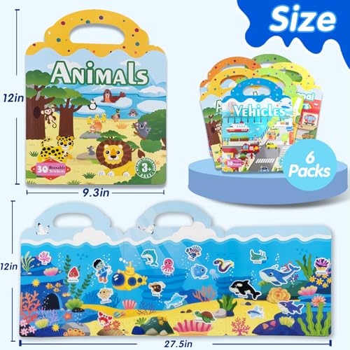 6 Sets Reusable Sticker Book for Kids, Puffy Jelly Stickers for Toddlers, Travel Essentials Craft Activities Toys for Boys Girls Birthday Gifts - color: 6 Sets - Animals/Vehicles/Insects/Ocean/Profession/Fruits & Vegetables