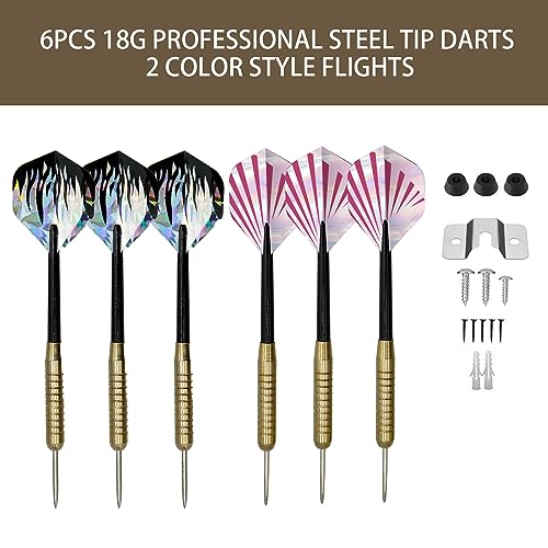 Bristle Dart Board Set, Professional Dart Board 18" with 6pcs 18g Darts Outdoor Dartboard Set, Compressed Sisal Metal Wire Board with Rotating Number Ring
