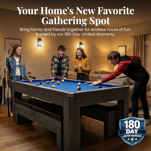 Hathaway Newport 7 Foot Pool Table Combo – 3 in 1 Game Table with Reversable Table Tennis Top & Dining Top – Includes Game Accessories & Two Benches – Chrome Accents, Rustic Gray Finish, Blue Felt
