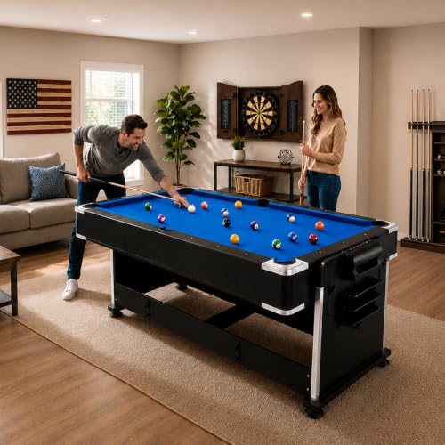 4-in-1 Multi Game Table – Pool Table,Air Hockey Table,Ping Pong Table & Dining Table Combo with Flip-Top Design,Includes Full Accessories.7ft Billiard Tables for Living Room,Bar,and Game Room.