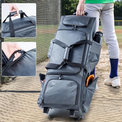 Rolling Baseball Bag With Wheels, Seperate Shoe Compartment and Fence Hook - Large Softball Bag for T-Ball - Team Equipment Duffle Bag - Catcher Gear Bag for Boys 8-12, Youth, Adults - color: Grey