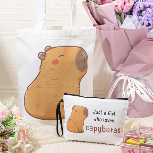 Sieral 2 Pcs Animal Lover Bag Gift for Women Travel Canvas Tote Portable Zipper Pouch Canvas Reusable Grocery Tote - style: Capybara