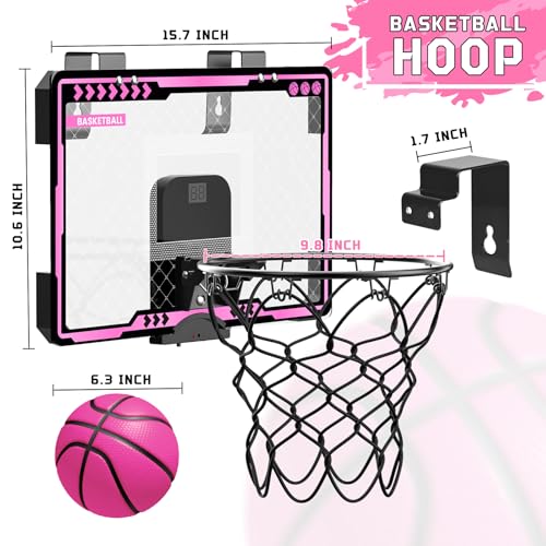 Basketball Hoop Indoor Kids Girls Pink - Mini Over The Door Basketball Hoops with Electronic Scoreboard Toys & 3 Balls, Unicorn Birthday Gifts Age 5 6 7 8 9 10 11 12 Year Old Girls