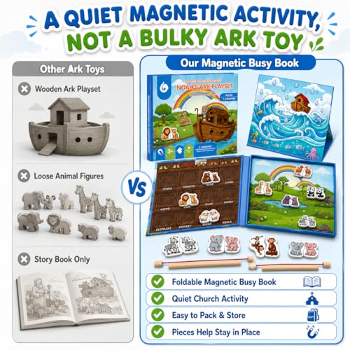 Travofun Noah's Ark Toy 4-in-1 Magnetic Travel Game for Kids, Fishing Game, Animal Matching Pairs & Word Learning, Screen-Free Busy Book, Christian Gifts Ages 3+ - style: Noah’s Ark Game