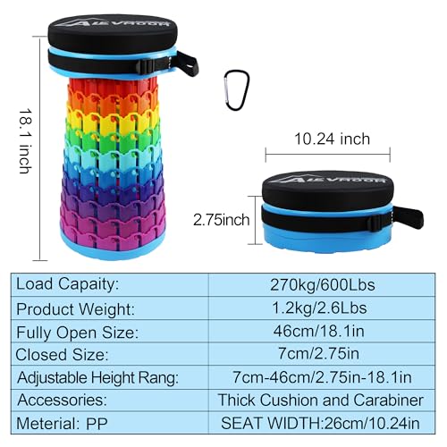 ALEVMOOM 2026 Collapsible Stool with Thick Cushion, H18.1 D10.24 More Sturdy Capacity 600Ib,Collapsible Adjustable Folding Stool for Camping Hiking Mountain Garden BBQ - color: Rainbow