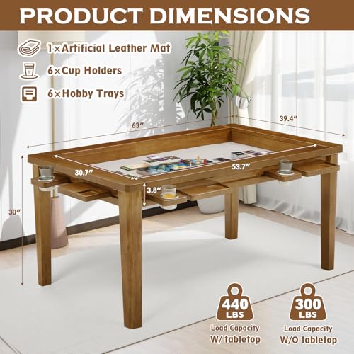 Haddockway 63" ×39“ Board Game Table with Removable Top, Solid Wood Dining/Gaming Table for 4-6 Players with Play Mat, 6 Detachable Cup Holders & 6 Hobby Trays (Light Walnut) - color: Light Walnut