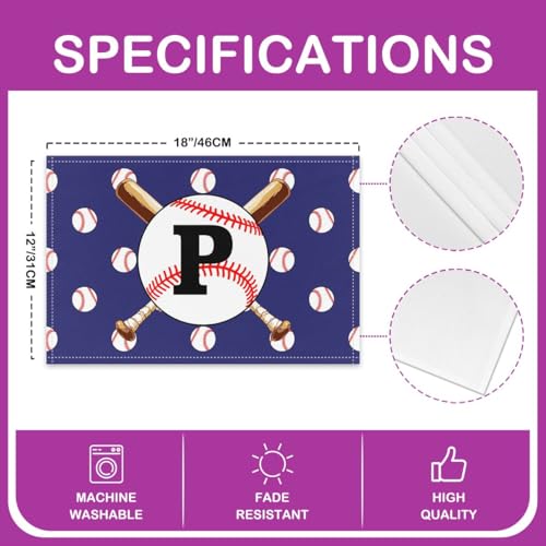 Initial Letter P Place Mats 12x18 Inch Set of 4 Baseball Sports Theme Kitchen Mats for Boys Teens Adults Cartoon Baseball Bat Game Competition Table Mats for Dining Table - color: Blue P