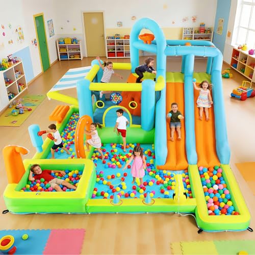JOYLDIAS Inflatable Water Slide Bounce House for Kids, Luxury Heavy Duty Blow Up Water Park with Double Slides, Climbing Wall, Splash Pool and Sunshade Awning - Ideal Backyard Gift for Toddlers & Kids - color: 10 in 1