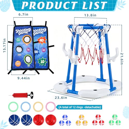 4-in-1 Floating Pool Basketball Hoop Set: Includes Ring Toss Game, Air Pump Launcher, 4 Balls & Sticky Balls – Outdoor Water Toys for Kids Ages 3-12, Family Pool Party Games