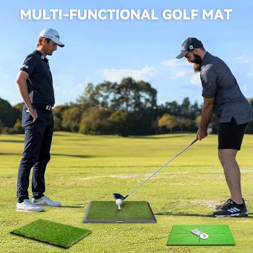 COSPOPTIC Golf Hitting Mat with Swing Path Feedback, Heavy-Duty Rubber Base Anti-Slip Golf Training Mat, Extra Replaceable Surface, Portable Practice Mat for Home Office Garage Yard Indoor Outdoor - style: Rough-Fairway-Tracks mat