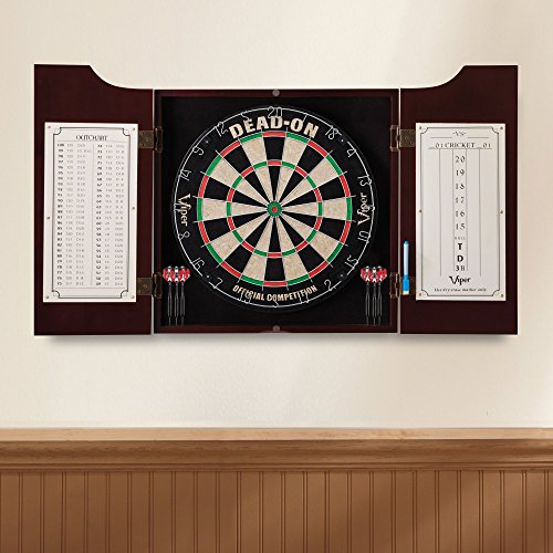 Viper Hudson All-in-One Dart Center: Classic Solid Wood Cabinet & Official Sisal/Bristle Dartboard Bundle with Steel-Tip Dart Set, Dry Erase Scoreboard & Out-Chart, Mahogany Finish - style: Deluxe