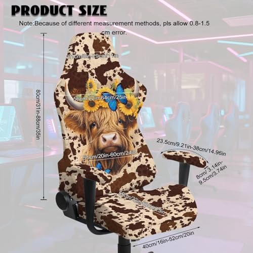 Suobstales Highland Cattle Butterfly Sunflower Pattern Gaming Chair Covers with Armrest Covers Office Desk Chair Cover Computer Chair Cover Stretch Gamer Chair Slipcovers Cat Scratch Proof - color: Highland Cattle Butterfly Sunflower