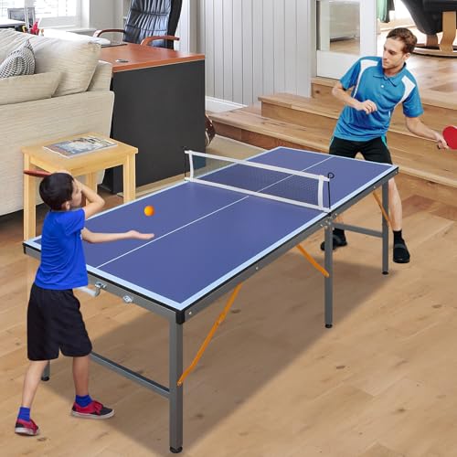 Compact Ping Pong Table, 5ft Mid-Size Indoor/Outdoor Table Tennis Game Set, Foldable, Portable Table Tennis Table with Net, 2 Table Tennis Paddles and 3 Balls