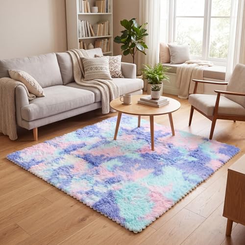 16 Pcs Hot Pink Purple Faux Fur Floor Tiles, 11.8 x 11.8 in Puzzle Girls Play Soft Tiles, 1.5 Inch Shaggy Square, EVA Foam Floor Mat for Nursery, Playroom, Bedroom, Toddler Room, Daycare - color: Hot Pink Purple