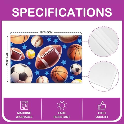 Erosebridal Ball Games Placemats Set of 4 12x18 Soccer Sports Place Mat for Boys Men Basketball Baseball Volleyball Stars Dark Blue Heat Resisting Table Mats - color: Dark Blue