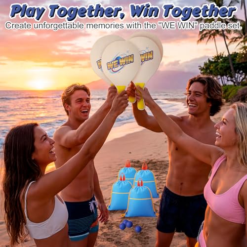 Junkin 4 Pairs Beach Paddle Ball Set Badminton Rackets Funny Paddleball Rackets Game with 8 Racket 4 Paddle Ball 4 Drawstring Bag for Indoor Outdoor Summer Sports Toys Game Backyard Park Camping Yard