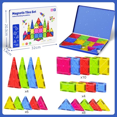 Jumbo Magnetic Tiles with Secure Metal Case, 32 Pcs Large Magnetic Building Blocks for Kids 3-8, STEM Toys for Toddlers, Preschool Learning Montessori Toys, Age 3+ Boy Girl Gift - size: Large