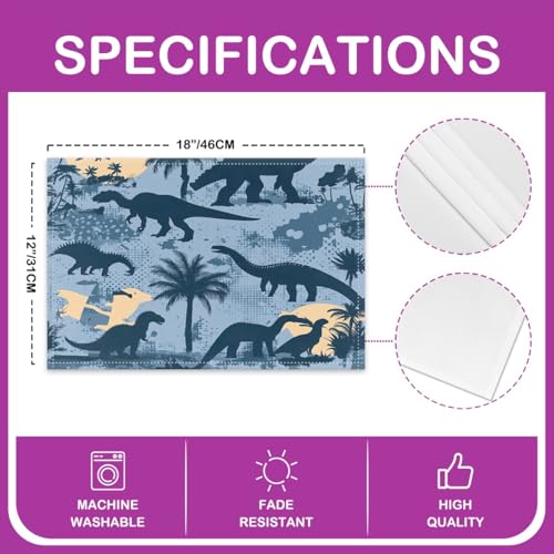 Erosebridal Set of 4 Dinosaur Placemats 12X18 Inch,Cartoon Wild Animals Wildlife Place Mats for Youth Teens Boys Kids Child,Natural Coconut Tree Silhouette Waterproof Placemats for Kitchen Table - color: Grayish Blue Yellow Black