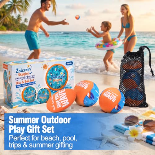 Water Skipping Balls Pool Beach Toys, 2 Water Skip Balls & 1 Skipping Disc | Water Bouncing Ball Play, Kids Ages 8-12, Mesh Carry Bag, Summer Outdoor Games, Lake Weekends, Teens Adults, Vacation Gift