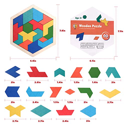Vanmor Wooden Tangram Puzzle Brain Teaser for Kids Ages 3-8 & Adults, Shape Pattern Block Geometric Logic IQ Game with 60 Challenges, Montessori STEM Educational Gift Toy - color: Hexagon