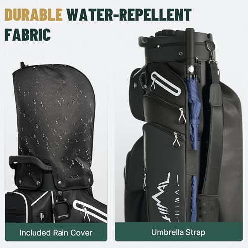 uniHimal Golf Cart Bag with 14-Way Full-Length Dividers, Golf Bag for Men Women with Magnetic Leather Pocket, Handles and Rain Cover, Lightweight Golf Club Bag Includes Cooler Pockets - color: Black