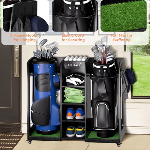 Golf Bag Organizer for 2-Bags Storage - Wooden Golf Bag Stand Rack with Wheels, Heavy Duty Space Saving Golf Club Holder, for Golfers, Husband, Father