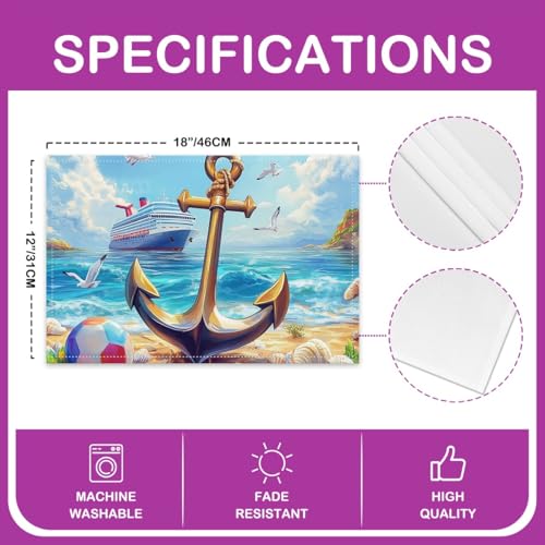 Erosebridal Anchor Placemats Set of 4 12x18 Soccer Beach Place Mat for Kids Teens Men Ship Shell Ocean Nautical Waves Adventure Blue Heat Resisting Table Mats - color: Blue Yellow