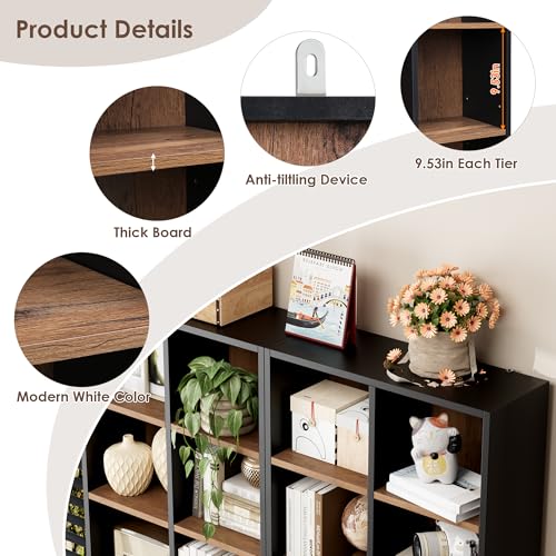 FOTOSOK 71'' Tall Bookshelf with 14 Cubes, 7 Tier Double Wide Wood Bookshelf with 6 Adjustable Shelves, 19.6" Narrow Bookcase DVD/CD Media Storage, Space Saving Display Shelf Cabinet, Black/Brown - color: Black/Brown