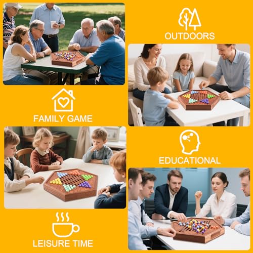 Large Chinese Checkers Upgraded Version Wooden Game Board, 16mm 60+12 Colorful Acrylic Marbles, Easy Grasping for Adults and Kids, with Storage Drawer, Fun for Family Gathering (15in.)