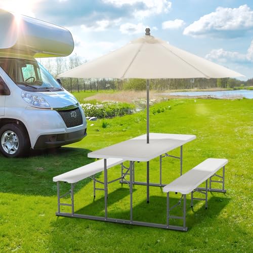 VINGLI Folding Picnic Table and Bench Set with Umbrella, Portable Outdoor Dining Furniture for Camping, Patio, Backyard, Wood Grain Plastic Top with Metal Frame - color: White, style: With Kaqi Umbrella