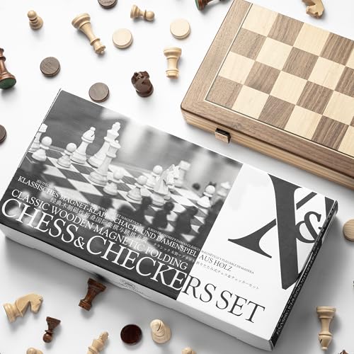 A&A 15" Magnetic Wooden Chess Set/Folding Board / 3" King Height German Knight Staunton Chess Pieces/Mahogany & Maple Inlaid /2 Extra Queen