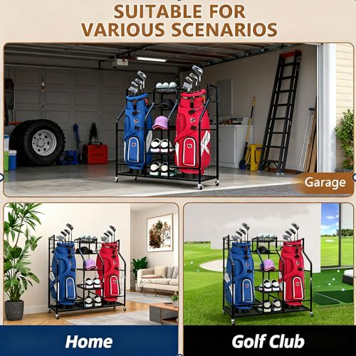 Golf Bag Storage Organizer Stand with Wheels- Heavy Duty Steel Rack Holds 2 Golf Bags with Central Storage Shelf for Golf Balls, Shoes & Accessories, Space Saving Garage Golf Club Equipment Holder