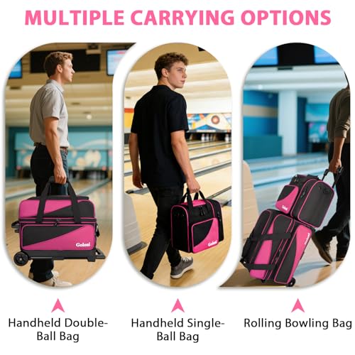 Goloni 3 Ball Bowling Bag with Wheels, 2+1 Double Roller Bowling Bag with Shoe Compartment,Tote Bag for Bowling Accessories - color: 3 Ball-Pink