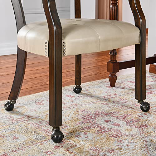 Set of 4 Dining Leather Chairs with Casters & Arms, Accent Captain Chair with Wheels, Roller Wood Wheeled Chairs for Kitchen & Game Poker Table,Espresso&Beige 1910BG(NO Table!) - color: Espresso&beige