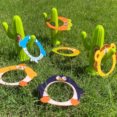 9PCS Ring toss Game(Contains 3 Cacti and 6 Cartoon Rings), Providing Children with Various Fun (Green (Cactus)) - color: Green (Cactus)