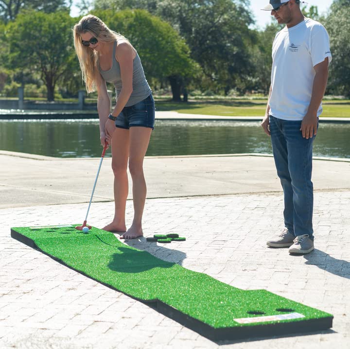 PutterBall Original Golf Putting Game Set – Backyard 12 ft Putting Green Pong Style Golf Mat with 2 Putters, 2 Balls & Hole Covers