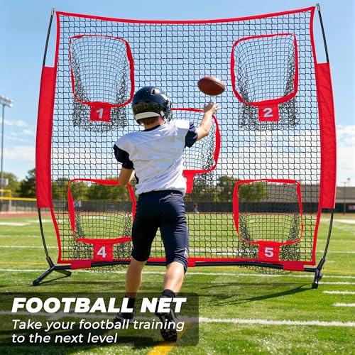 7x7ft/8x8ft Football Throwing Net, Quarterback Training Equipment with 5 Target Pockets, Includes Football, Portable Carry Bag - color: Red, size: 6x6ft