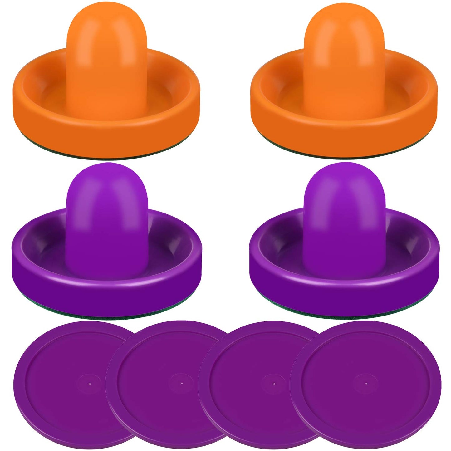 ONE250 Air Hockey Pushers and Red Air Hockey Pucks, Goal Handles Paddles Replacement Accessories for Game Tables (4 Striker, 4 Puck Pack) - color: Orange & Purple