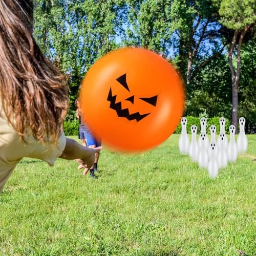 Lunmon 11 Pcs Easter Giant Inflatable Bowling Set 27 Inch Carrot Pins with 23 Inch Bowling Ball Indoor Outdoor for Adults Easter Party Yard Indoor Outdoor Games Supplies(Ghost) - style: Ghost