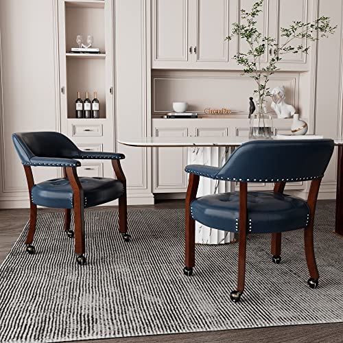 Set of 4 Dining Chair with Casters, Accent Captains Leather Chairs with Wheels & Arms,Wheeled Roller Wood Chairs for Kitchen & Game Poker Table,Cherry&Purplish Blue 1533LB(NO Table!) - color: Cherry&purplish Blue