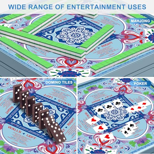 Mahjong Mat for Table with Rules 33×33", 3mm Thick, Boho Floral Design | Non-Slip, Waterproof, Noise-Reducing Table Cover for American Mahjong, Poker, Board Games , Dominoes, and Card Games - color: Blue-2