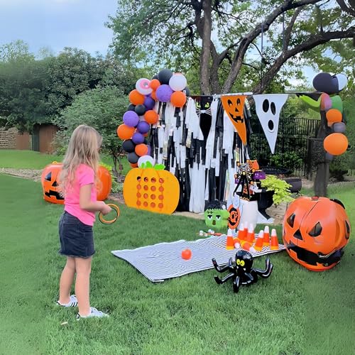 Fun Express Halloween Games for Kids Party - Candy Corn Pumpkin Bowling Set with 6 Pins & Ball | Fall Festival Games for Outdoor Trunk or Treat Activities & Carnival Events | Safe Plastic Design